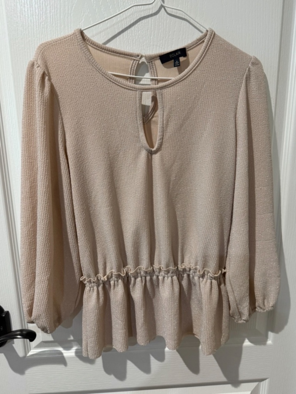 Eclair Blush Beige Long Sleeve Peplum Cutout Textured Blouse Sz S
